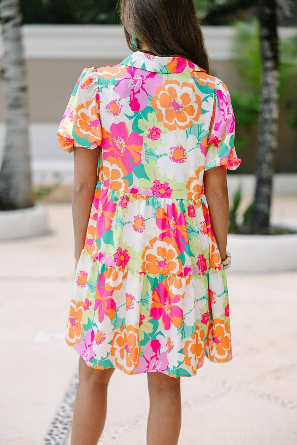 Pink Floral Puff Sleeve Collar Buttoned Babydoll Dress Floral Dresses JT's Designer Fashion
