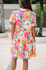 Pink Floral Puff Sleeve Collar Buttoned Babydoll Dress Floral Dresses JT's Designer Fashion