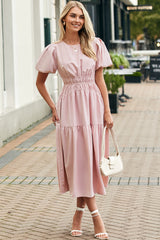 Pink Puff Sleeve Pleated High Waist Flowy Long Dress Maxi Dresses JT's Designer Fashion