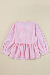 Pink Stripe Bowknot Front Crew Neck Puff Sleeve Blouse Blouses & Shirts JT's Designer Fashion