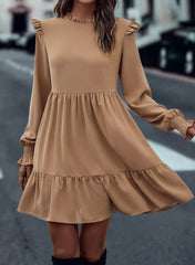 Light French Beige Frilled Collar Ruffled Shoulder Tiered Dress Mini Dresses JT's Designer Fashion