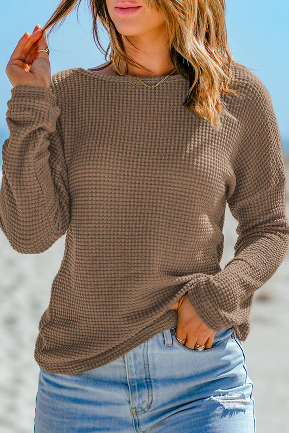 Dark Brown Waffle Knit Drop Shoulder Long Sleeve Top Long Sleeve Tops JT's Designer Fashion