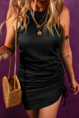 Black Racerback Ribbed Knit Drawstring Bodycon Dress Bodycon Dresses JT's Designer Fashion