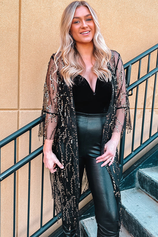 Black Sequin Sheer Long Sleeve Open Front Kimono Black 100%Polyester Kimonos JT's Designer Fashion