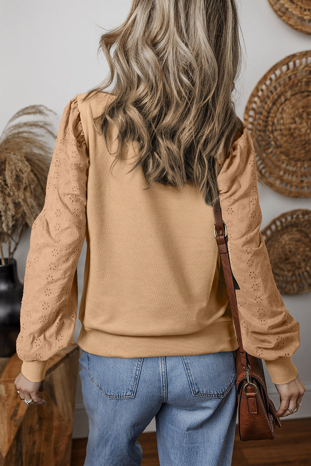 Pale Khaki Textured Patchwork Round Neck Sweatshirt Sweatshirts & Hoodies JT's Designer Fashion