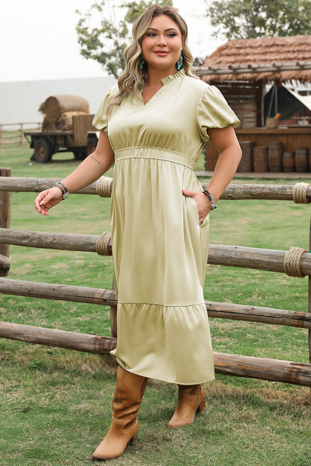 Laurel Green Notched V Neck Puff Sleeve Tiered Plus Size Maxi Dress Plus Size Maxi Dresses JT's Designer Fashion