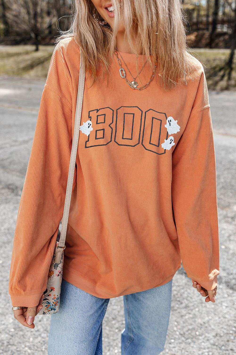 Orange Embroidered BOO Ghost Corded Halloween Sweatshirt Graphic Sweatshirts JT's Designer Fashion