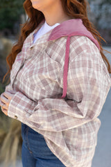 Bonbon Plaid Print Drawstring Hooded Button-up Plus Size Shirt Plus Size Blouses & Shirts JT's Designer Fashion