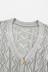 Gray Hollow Out Buttons Front Long Cardigan Cardigans JT's Designer Fashion