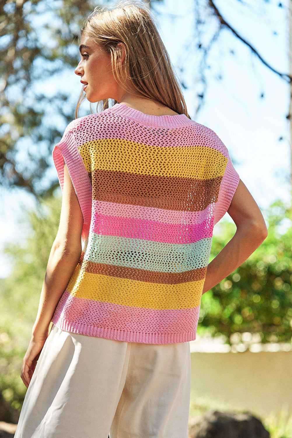 Pink Stripe Hollowed Crochet Cap Sleeve Loose Fit Sweater T Shirt Sweaters & Cardigans JT's Designer Fashion