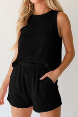 Black Corded Sleeveless Top and Pocketed Shorts Set Short Sets JT's Designer Fashion