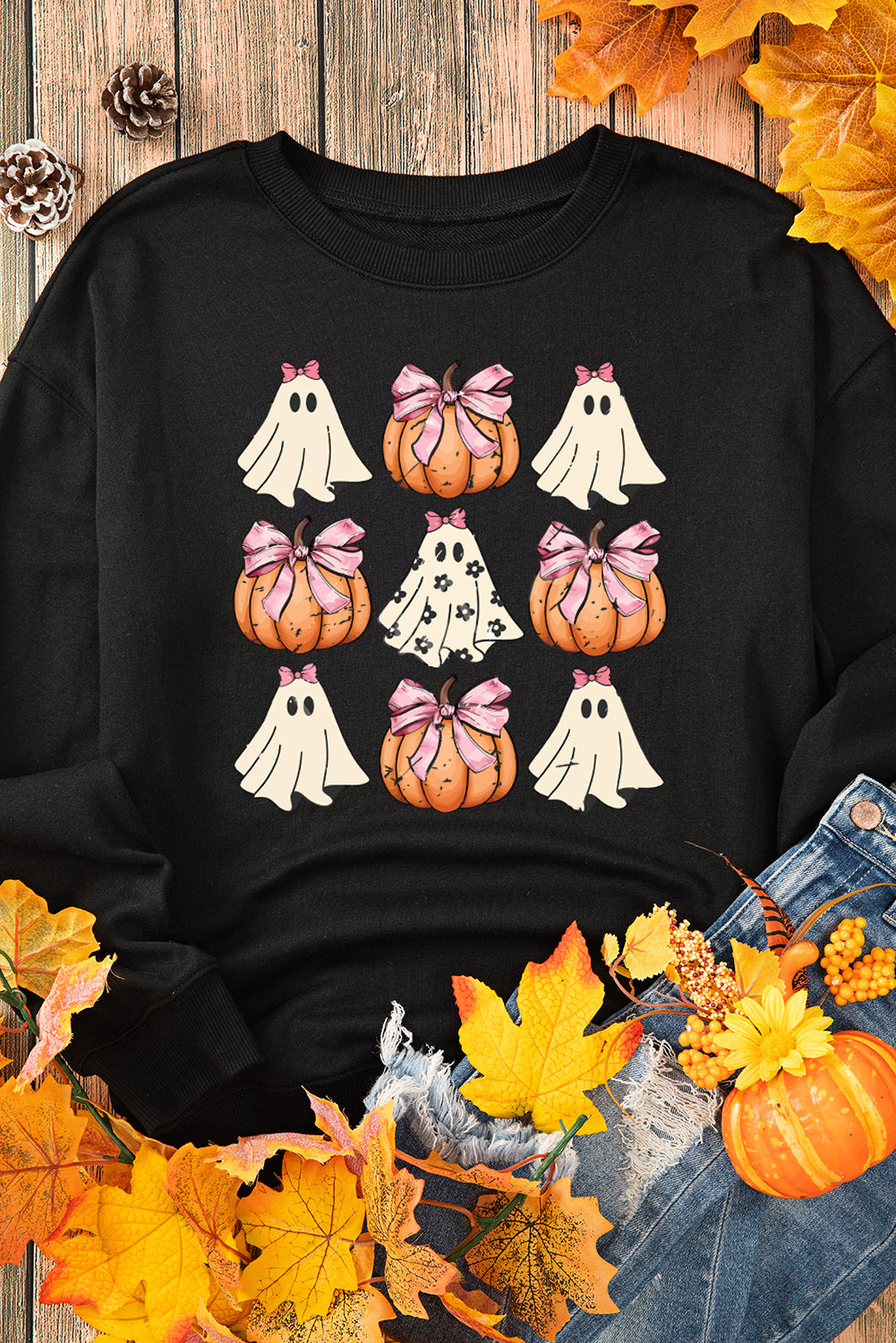 Black Halloween Bowknot Ghost Pumpkin Graphic Crewneck Sweatshirt Graphic Sweatshirts JT's Designer Fashion