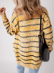 Beige Striped Pom Pom Knit Open Front Long Cardigan Cardigans JT's Designer Fashion