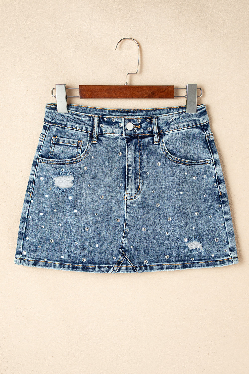 Dusk Blue Rhinestone Distressed Denim High Waist Mini Skirt Skirts & Petticoat JT's Designer Fashion