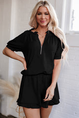 Black Half Zip Puff Sleeve Top and Ruffled Shorts Set Short Sets JT's Designer Fashion