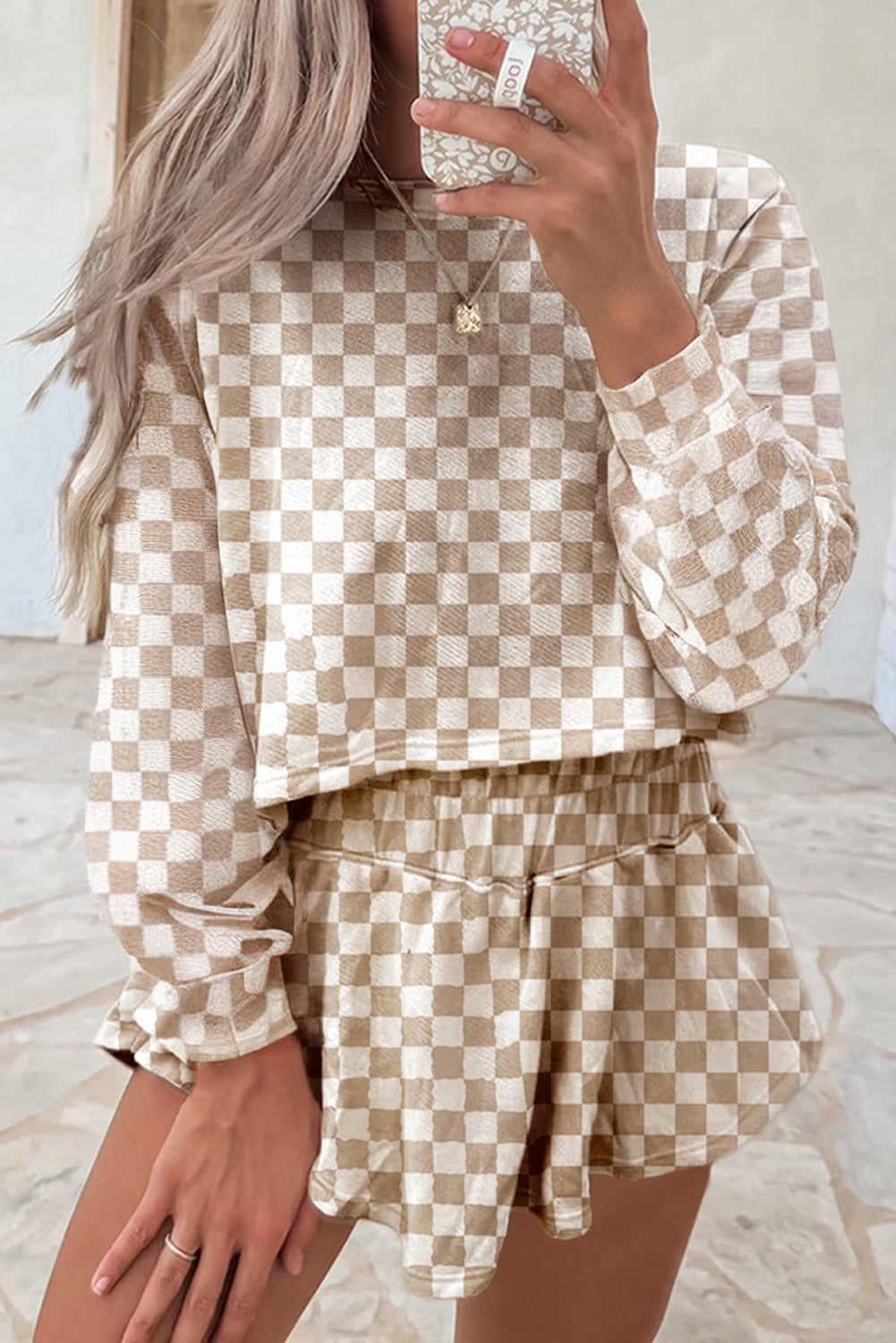 Khaki Checkered Long Sleeve Crop Top High Waist Skort 2pcs Set Short Sets JT's Designer Fashion