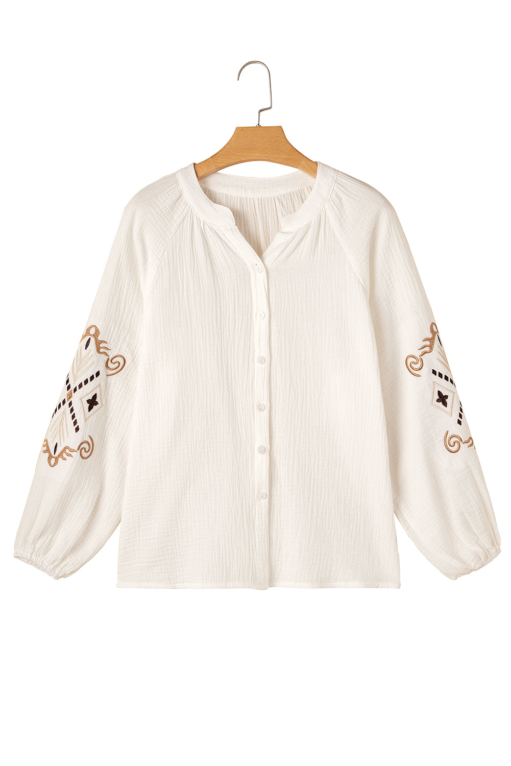 White Embroidered Textured Buttoned Crew Neck Shirt Blouses & Shirts JT's Designer Fashion