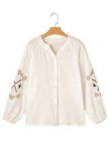 White Embroidered Textured Buttoned Crew Neck Shirt Blouses & Shirts JT's Designer Fashion