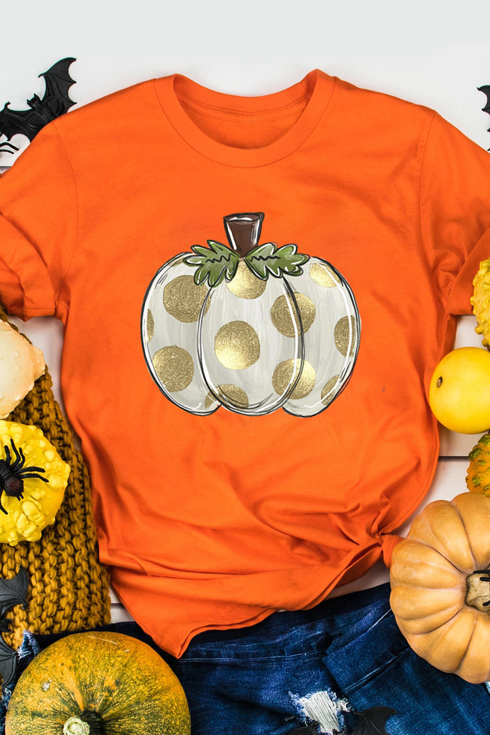 Orange Thanksgiving Pumpkin Pattern Crew Neck Short Sleeve Top Graphic Tees JT's Designer Fashion