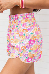 Pink Boho Floral Shirred High Waist Casual Shorts Bottoms JT's Designer Fashion