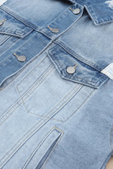 Sky Blue Color Block Denim Patchwork Frayed Hem Jacket Denim Jackets JT's Designer Fashion