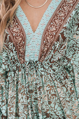Green Boho Floral Print Lace-up Open Back High Waist Maxi Dress Floral Dresses JT's Designer Fashion