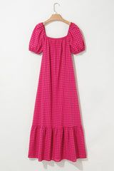 Rose Ginham Check Bubble Sleeve Ruffled Long Dress Maxi Dresses JT's Designer Fashion