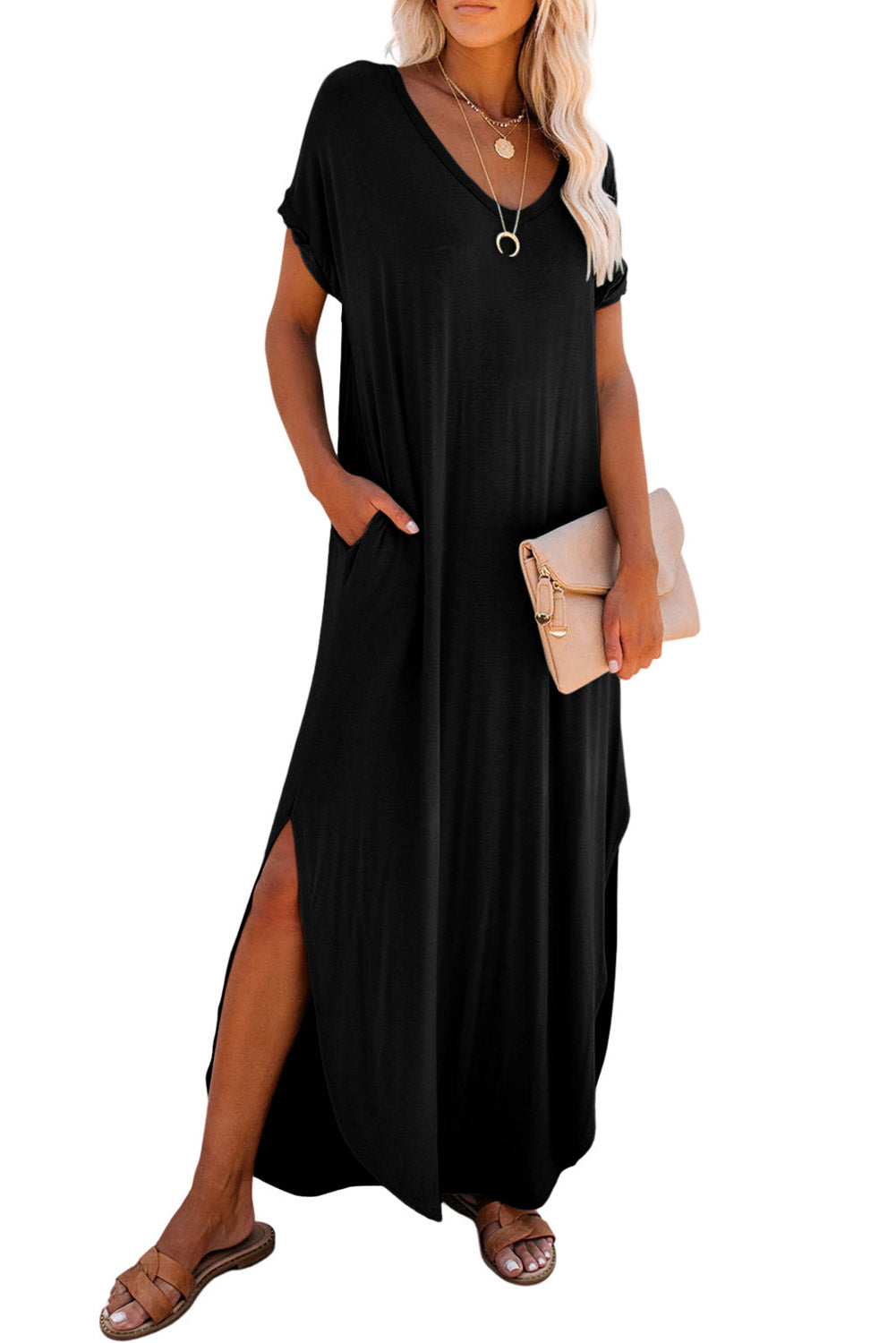 Black V Neck Hidden Pocket Splits Maxi T-shirt Dress T Shirt Dresses JT's Designer Fashion