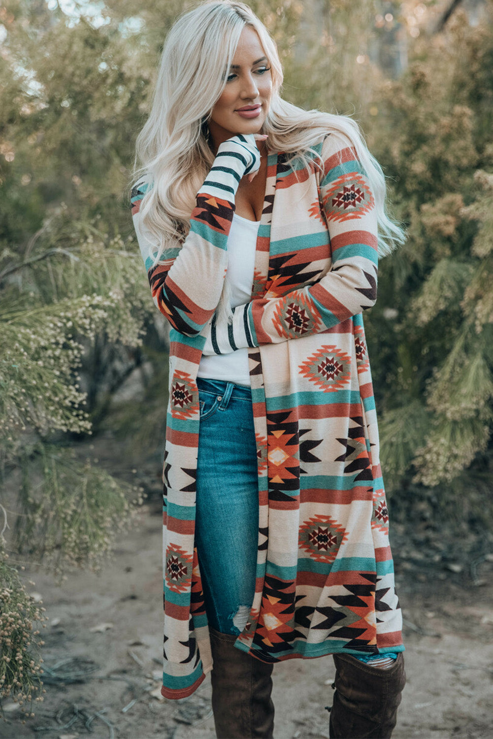 Multicolor Geometric Color Block Open Front Long Cardigan Sweaters & Cardigans JT's Designer Fashion