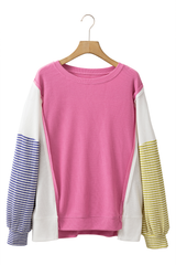 Sachet Pink Exposed Seam Striped Color Block Patchwork Long Sleeve Top Long Sleeve Tops JT's Designer Fashion