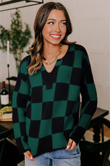 Green Checked Notched Neckline Drop Shoulder Knit Sweater Sweaters JT's Designer Fashion