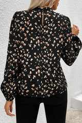 Black Leopard Print Lantern Sleeve Mock Neck Pleated Blouse Blouses & Shirts JT's Designer Fashion