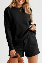 Black Textured Long Sleeve Top and Drawstring Shorts Set Black 95%Polyester+5%Elastane Short Sets JT's Designer Fashion