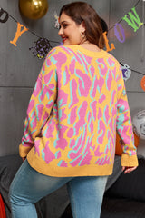 Bright Pink Plus Size Leopard Ribbed Trim Sweater Plus Size Sweaters & Cardigans JT's Designer Fashion