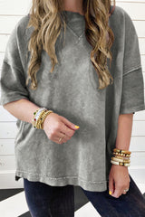 Light Grey Mineral Wash Drop Sleeve Patchwork Plus Tee Light Grey (US 22W-24W)3X 85%Cotton+15%Polyester Plus Size JT's Designer Fashion