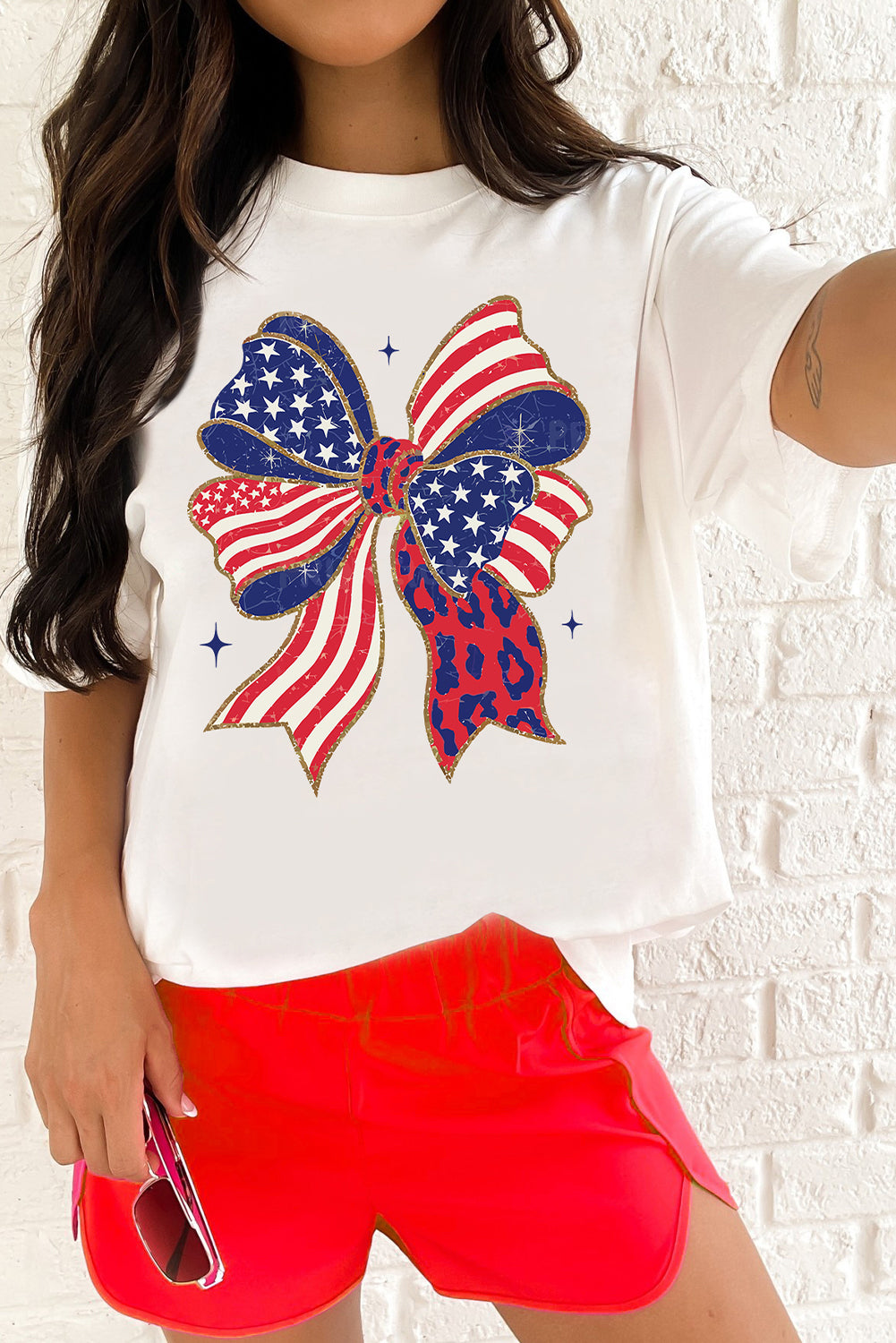 White Stars and Stripes Bow Print 4th of July T Shirt Graphic Tees JT's Designer Fashion