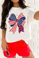 White Stars and Stripes Bow Print 4th of July T Shirt Graphic Tees JT's Designer Fashion