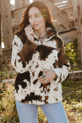 Zip Collar Cow Print Fleece Sweatshirt Sweatshirts & Hoodies JT's Designer Fashion
