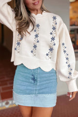 White Floral Embroidered Scallop Hem Cropped Sweater White 52%Viscose+26%Polyester+22%Polyamide Sweaters JT's Designer Fashion