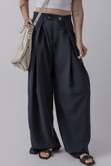 Dirty blue Dual Buttoned High Waist Pleated Wide Leg Pants Pants & Culotte JT's Designer Fashion