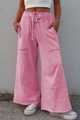 Bonbon Mineral Wash Exposed Seam Drawstring High Waist Wide Leg Cargo Pants Bonbon 100%Cotton Casual Shorts JT's Designer Fashion