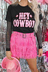 Black HEY COWBOY Graphic Crew Neck T-shirt Graphic Tees JT's Designer Fashion