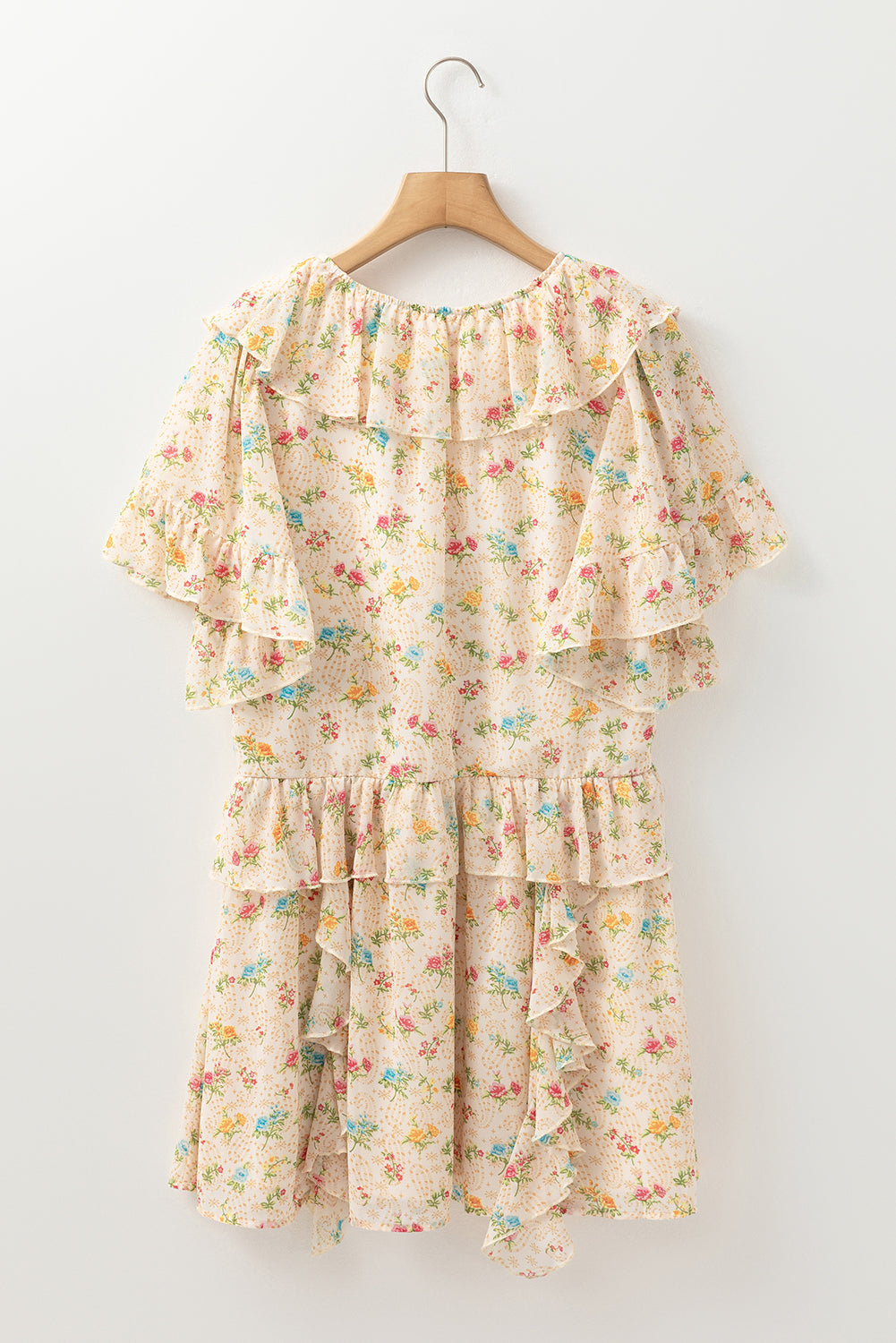 Apricot Boho Floral Tassel Tie V Neck Ruffle Wide Sleeve Mini Dress Floral Dresses JT's Designer Fashion