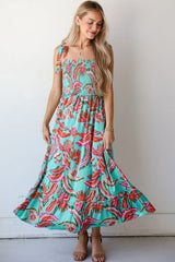 Green Abstract Print Smocked Bodice Knotted Straps Ruffled Long Dress Maxi Dresses JT's Designer Fashion