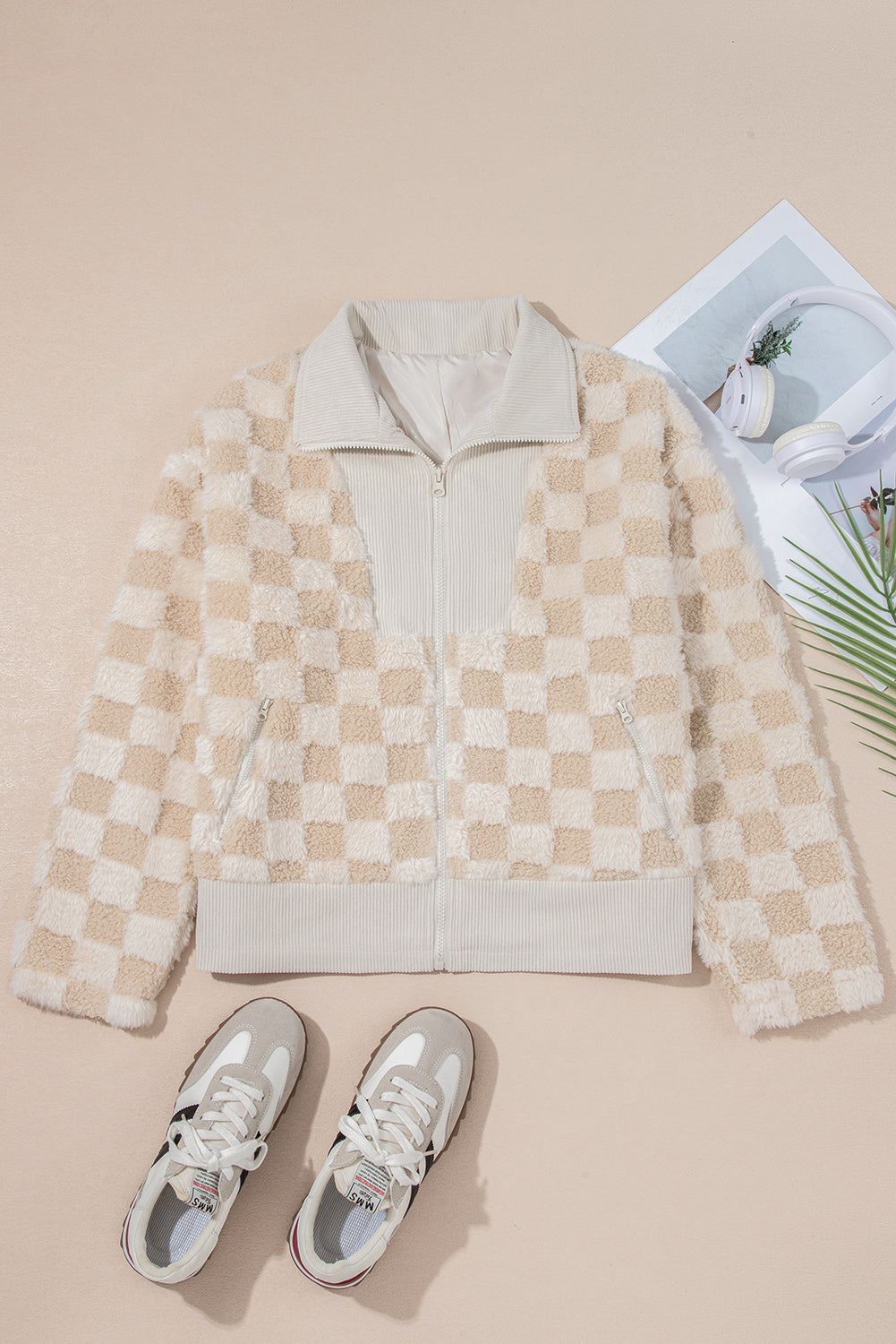 Khaki Checker Sherpa Corduroy Patchwork Zip up Collared Jacket Jackets JT's Designer Fashion