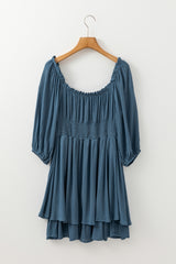 Real Teal Frilled Neckline 3/4 Sleeve Layered Ruched Mini Dress Mini Dresses JT's Designer Fashion