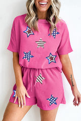 Rose Red Waffle Sequin American Flag Star Graphic 2 Piece Shorts Set Rose Red 75%Polyester+25%Viscose Graphic Sets JT's Designer Fashion