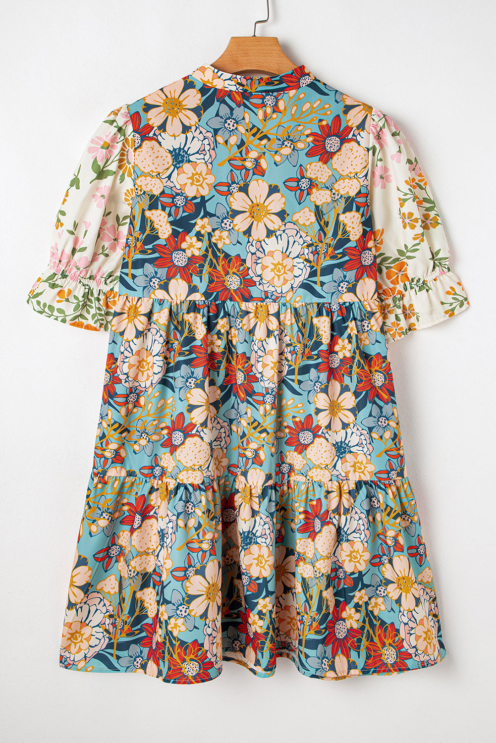 Multicolour Boho Floral Print Crochet Patchwork V Neck Loose Mini Dress Mini Dresses JT's Designer Fashion