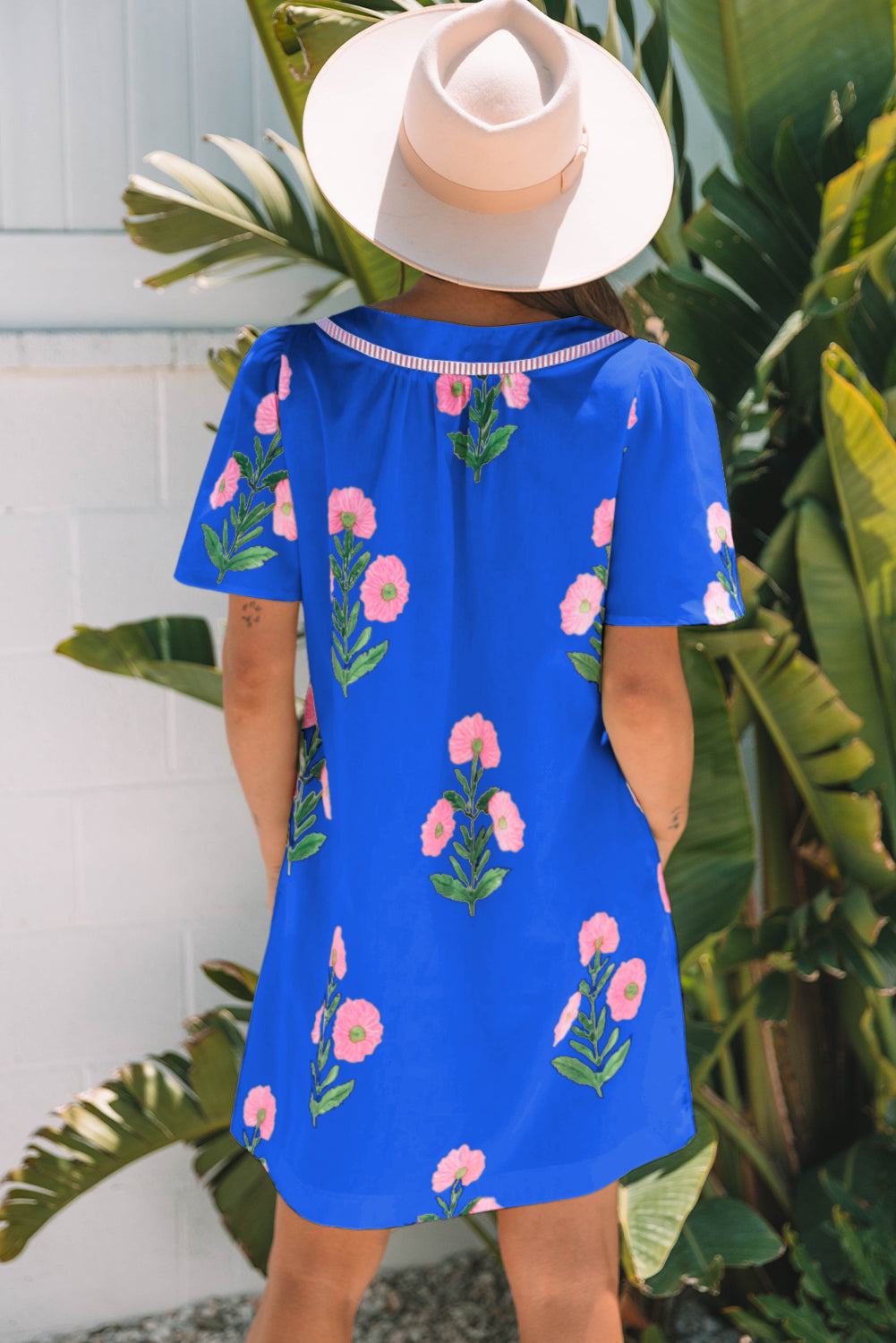 Blue Floral Short Sleeve Split Neck Loose Mini Dress Floral Dresses JT's Designer Fashion