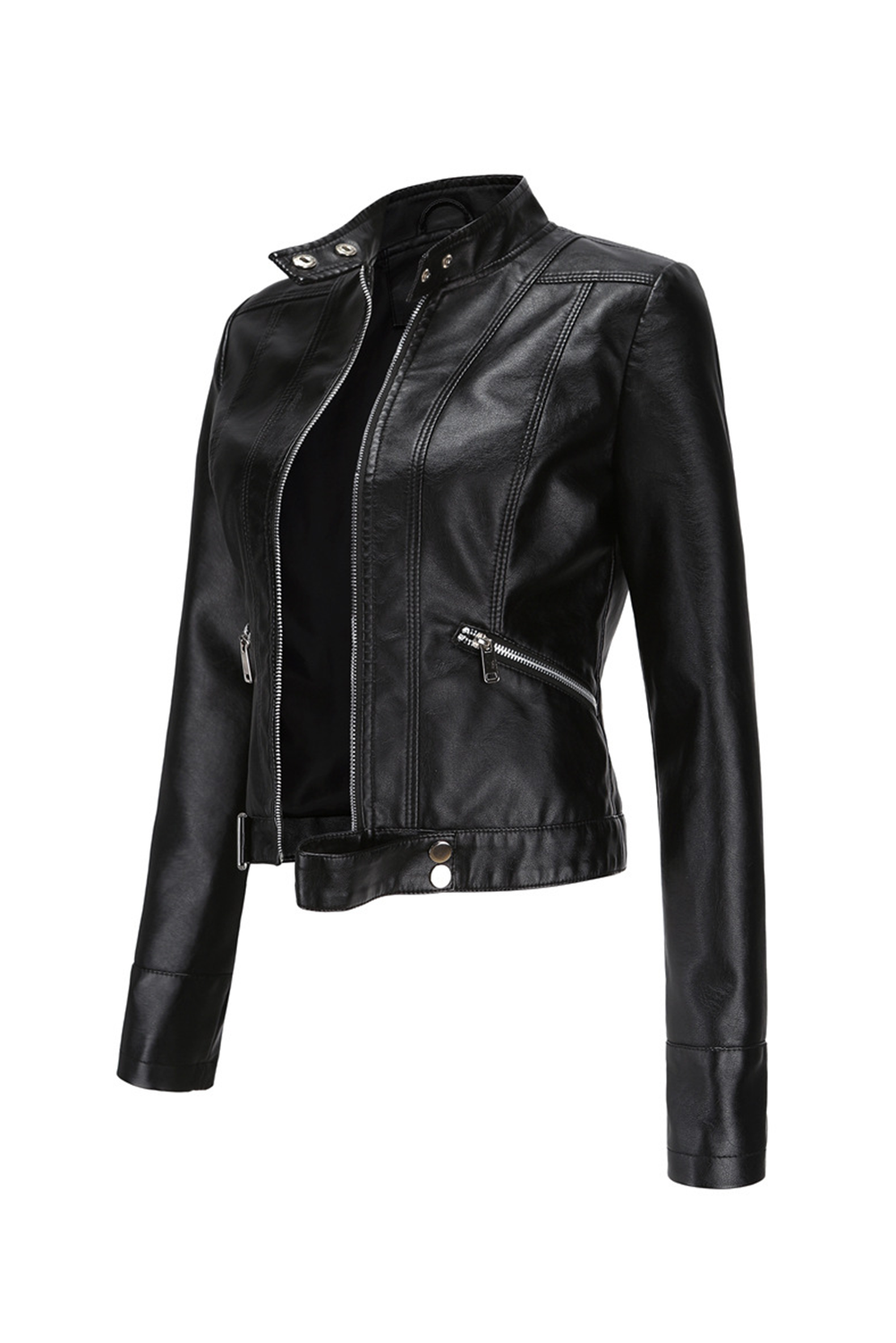 Black Faux Leather Snap Button Stand Neck Zipped Pocket Jacket Jackets JT's Designer Fashion